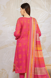 A pink and orange printed salaf suit paired with a matching dupatta, showcasing vibrant colors and intricate patterns.